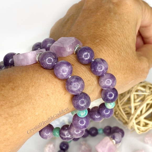Lepidolite Pink Kunzite Amazoite Bracelet - Picture 3 of 8